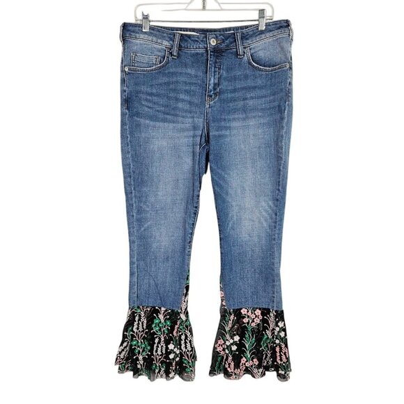 ANTHROPOLOGIE PILCRO Bell Bottom Jeans MEDIUM Wash BLUE w Floral Lace size 30 - Picture 1 of 10